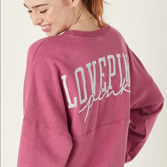 Victoria’s Secret PINK Varsity Crew Neck Sweate Pink Dahlia Wash Large NEW - Picture 2 of 4